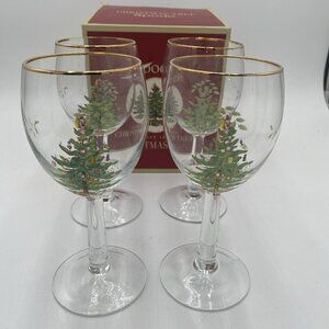 Spode Christmas Tree Wine Glasses 7.25" Gold Rimmed Holiday Set 4